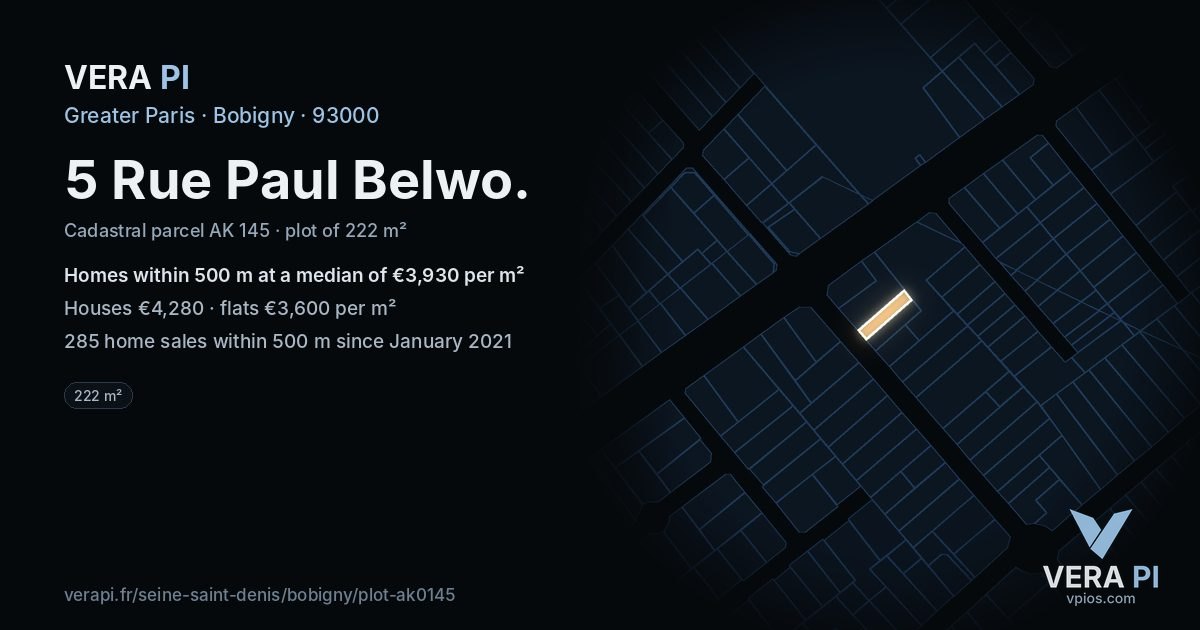 5 Rue Paul Belwo, Bobigny at night – the plot lit, the parcels around coloured by the prices near them