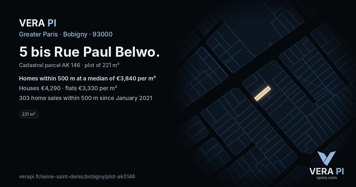 5 bis Rue Paul Belwo, Bobigny at night – the plot lit, the parcels around coloured by the prices near them