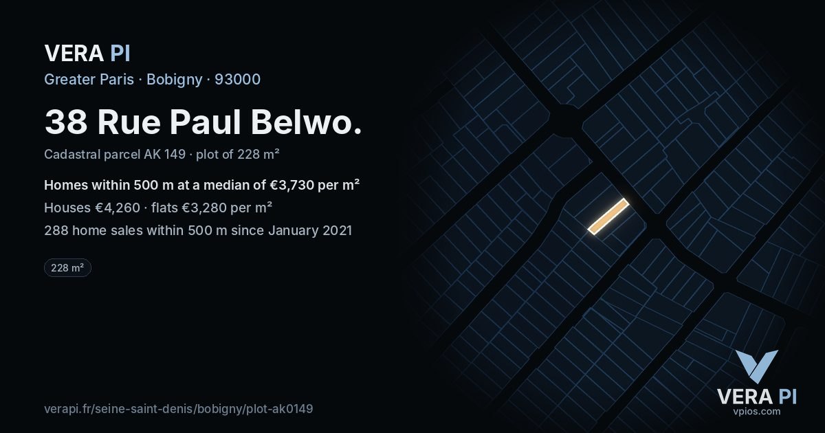 38 Rue Paul Belwo, Bobigny at night – the plot lit, the parcels around coloured by the prices near them