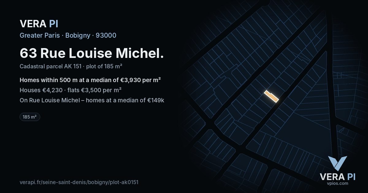 63 Rue Louise Michel, Bobigny at night – the plot lit, the parcels around coloured by the prices near them