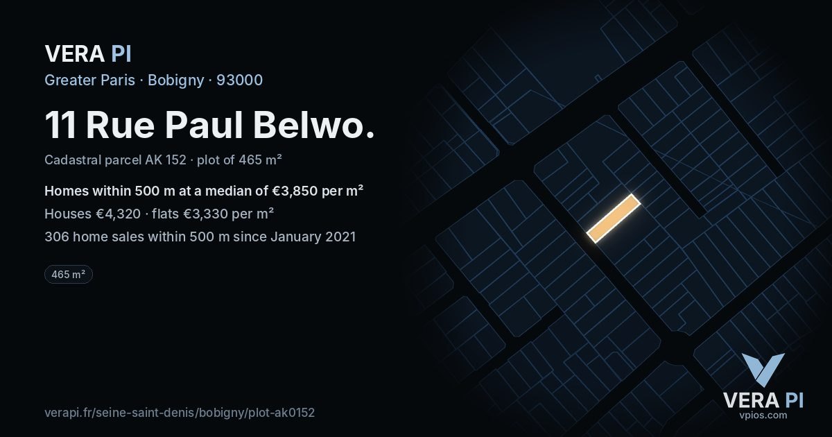 11 Rue Paul Belwo, Bobigny at night – the plot lit, the parcels around coloured by the prices near them