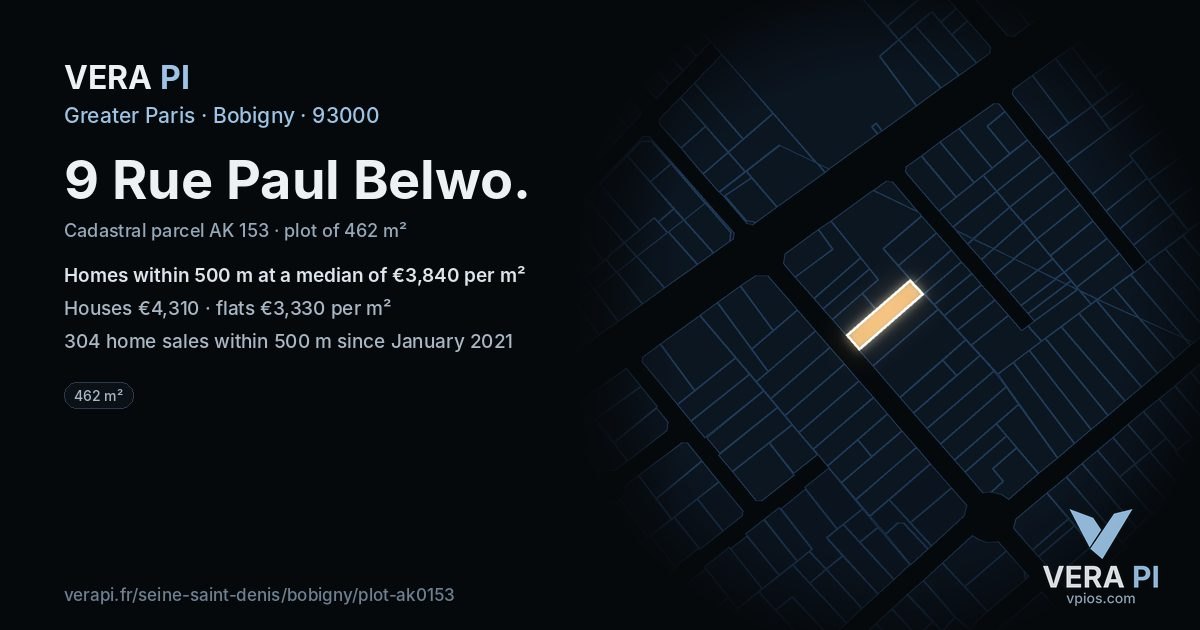 9 Rue Paul Belwo, Bobigny at night – the plot lit, the parcels around coloured by the prices near them