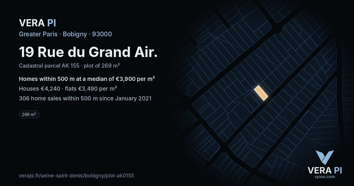 19 Rue du Grand Air, Bobigny at night – the plot lit, the parcels around coloured by the prices near them