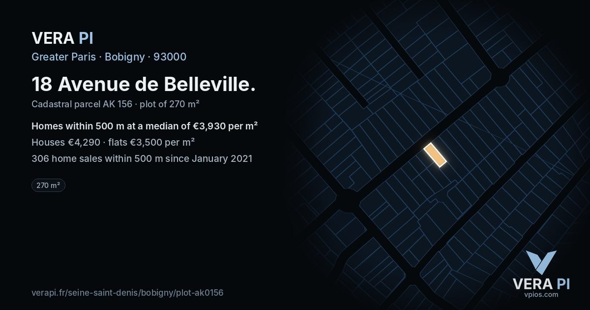 18 Avenue de Belleville, Bobigny at night – the plot lit, the parcels around coloured by the prices near them