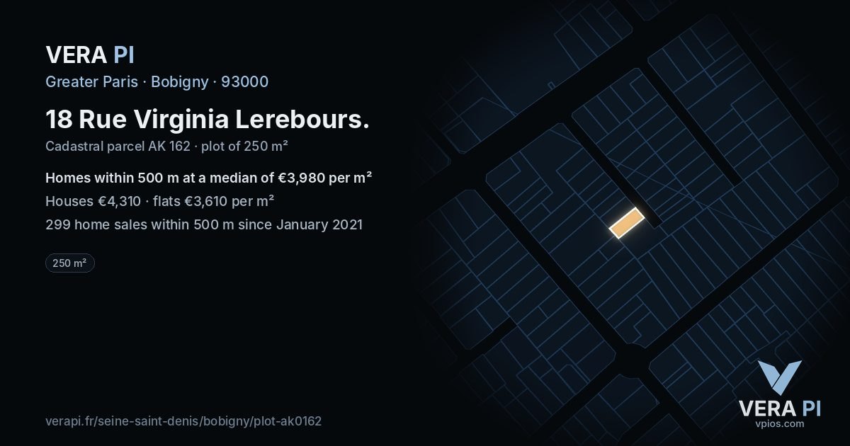 18 Rue Virginia Lerebours, Bobigny at night – the plot lit, the parcels around coloured by the prices near them