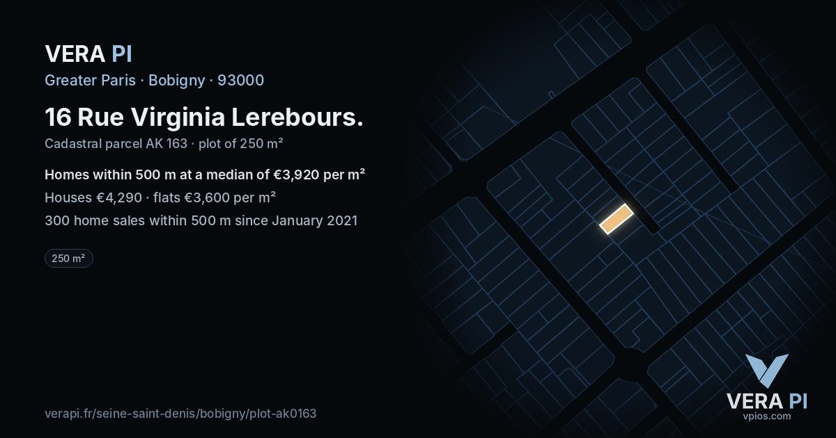 16 Rue Virginia Lerebours, Bobigny at night – the plot lit, the parcels around coloured by the prices near them