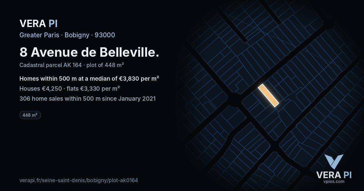 8 Avenue de Belleville, Bobigny at night – the plot lit, the parcels around coloured by the prices near them