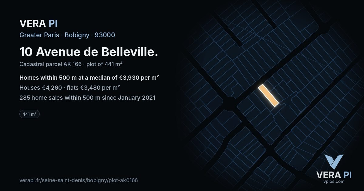 10 Avenue de Belleville, Bobigny at night – the plot lit, the parcels around coloured by the prices near them