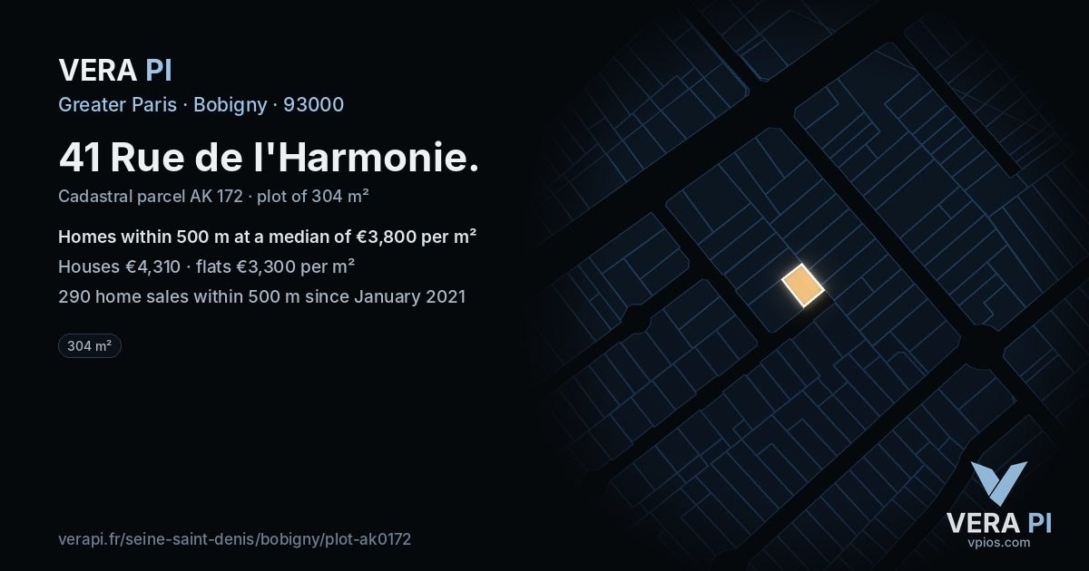 41 Rue de l'Harmonie, Bobigny at night – the plot lit, the parcels around coloured by the prices near them