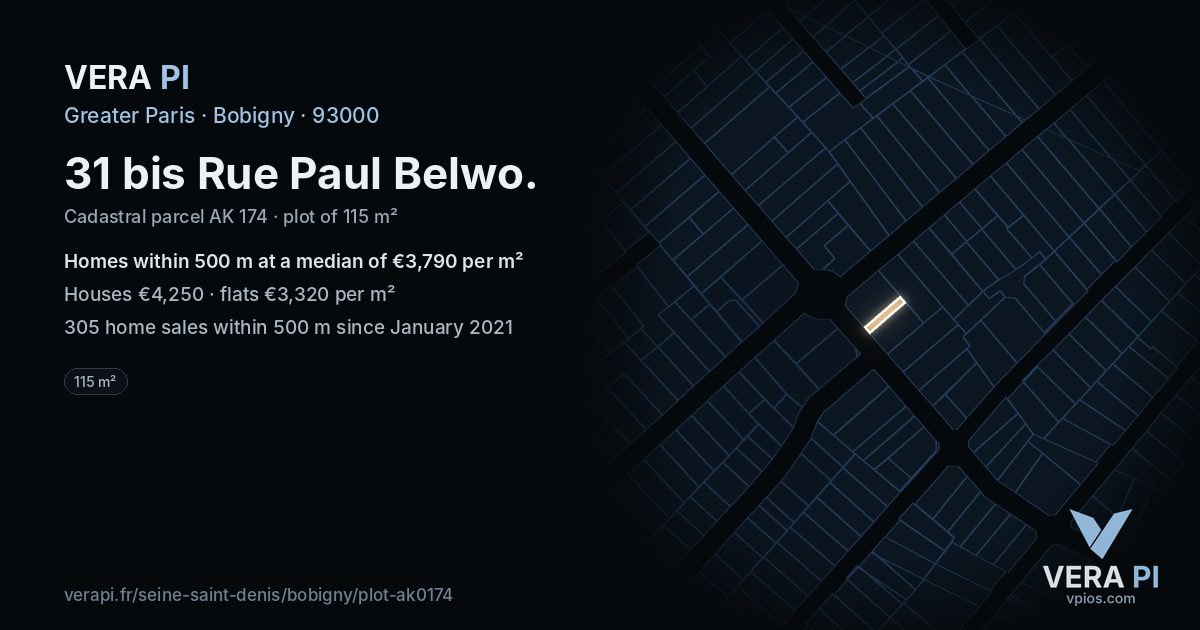 31 bis Rue Paul Belwo, Bobigny at night – the plot lit, the parcels around coloured by the prices near them