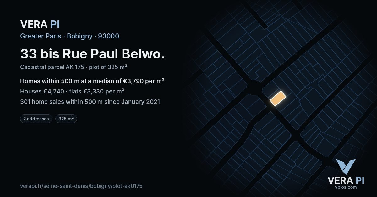 33 bis Rue Paul Belwo, Bobigny at night – the plot lit, the parcels around coloured by the prices near them