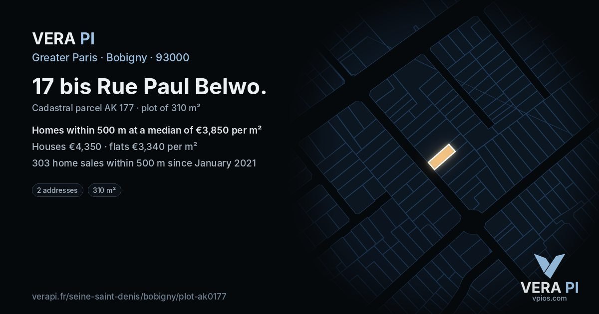 17 bis Rue Paul Belwo, Bobigny at night – the plot lit, the parcels around coloured by the prices near them