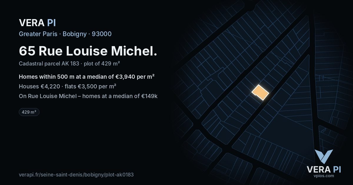 65 Rue Louise Michel, Bobigny at night – the plot lit, the parcels around coloured by the prices near them
