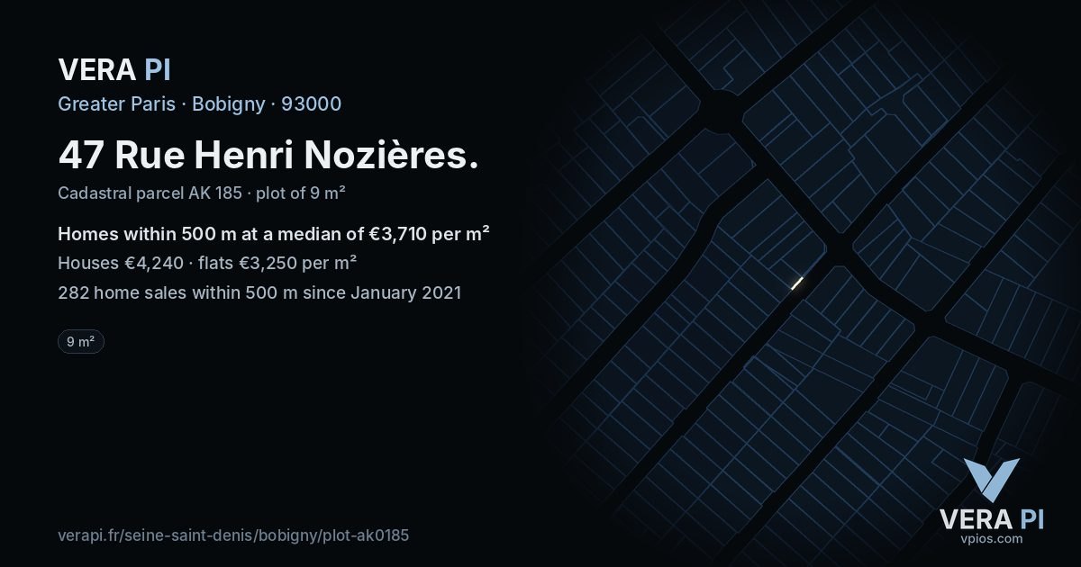 47 Rue Henri Nozières, Bobigny at night – the plot lit, the parcels around coloured by the prices near them