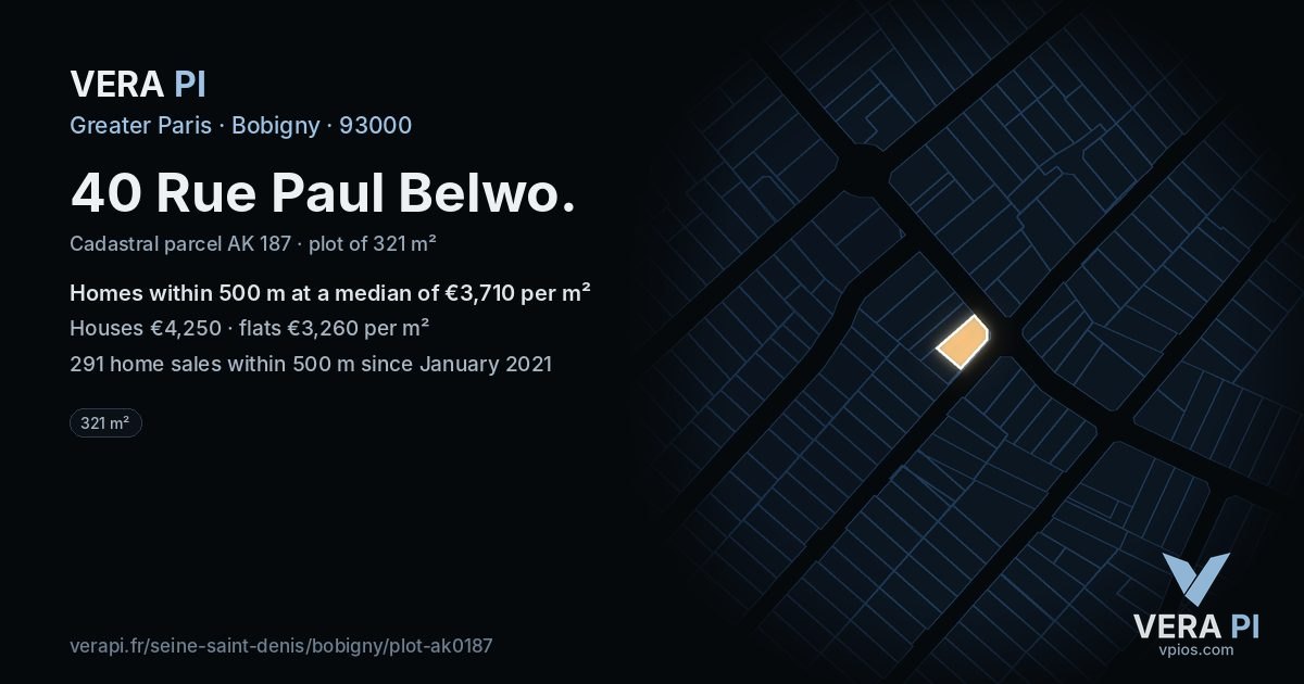 40 Rue Paul Belwo, Bobigny at night – the plot lit, the parcels around coloured by the prices near them