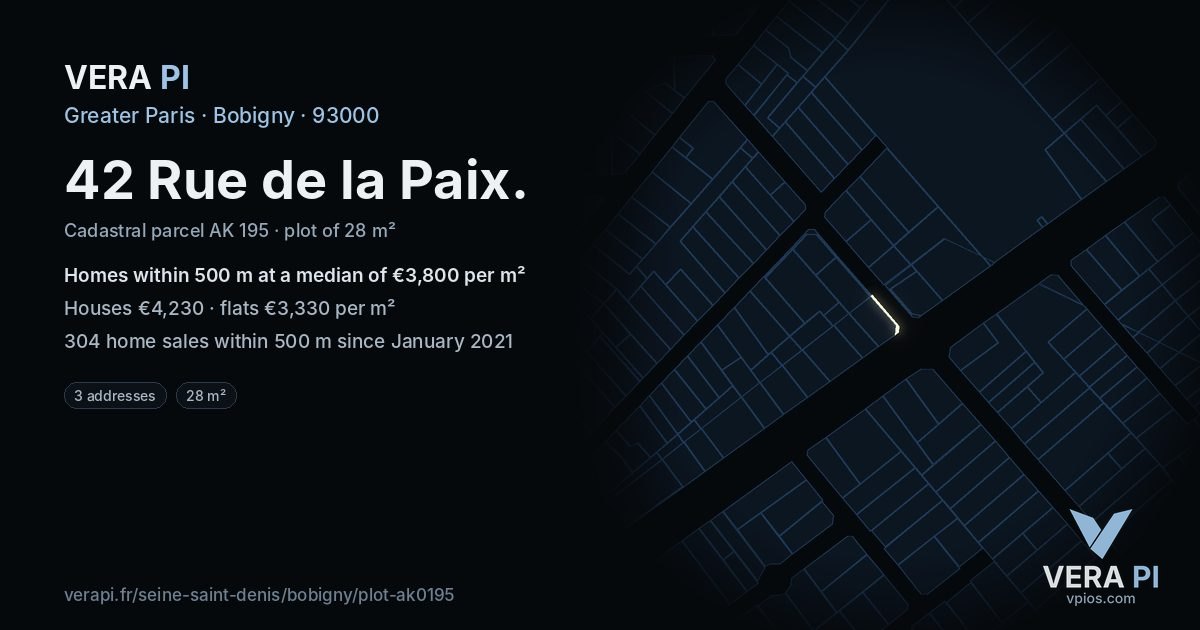 42 Rue de la Paix, Bobigny at night – the plot lit, the parcels around coloured by the prices near them