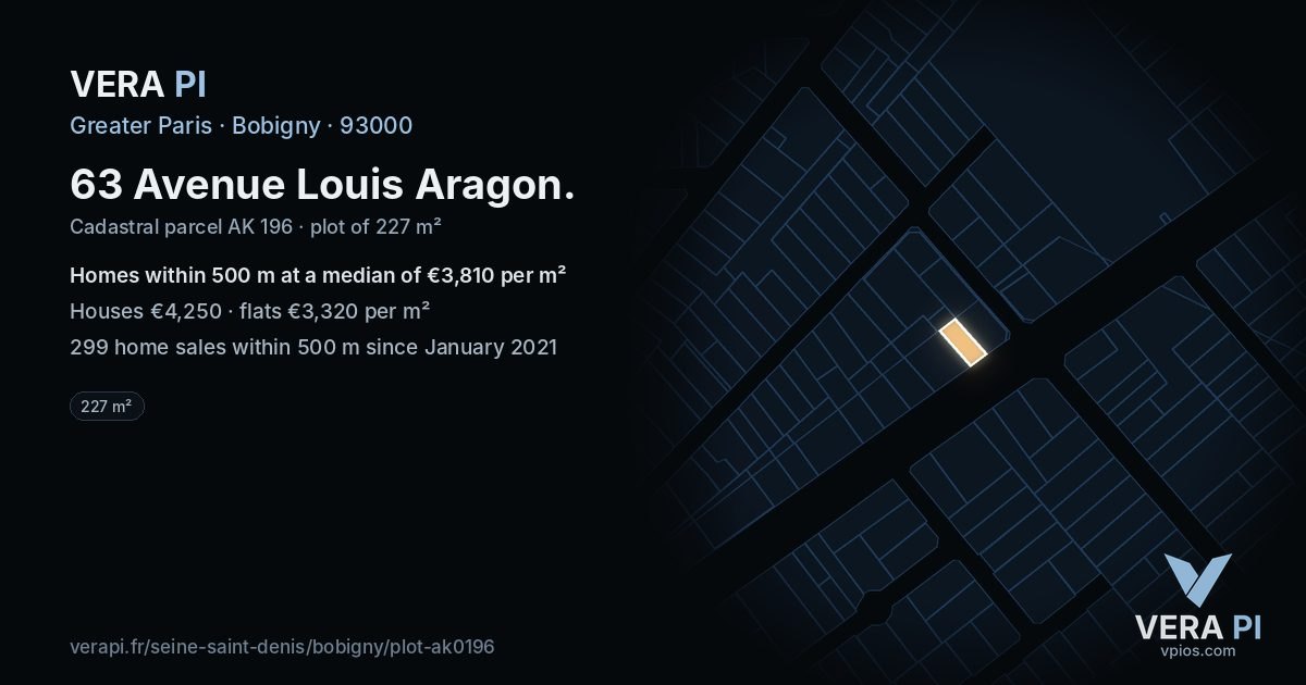 63 Avenue Louis Aragon, Bobigny at night – the plot lit, the parcels around coloured by the prices near them