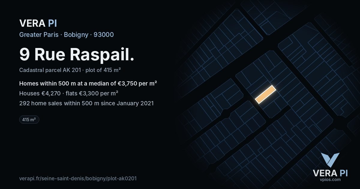 9 Rue Raspail, Bobigny at night – the plot lit, the parcels around coloured by the prices near them