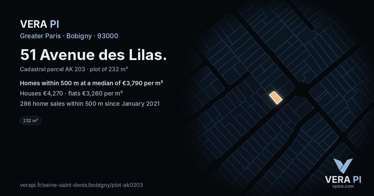 51 Avenue des Lilas, Bobigny at night – the plot lit, the parcels around coloured by the prices near them