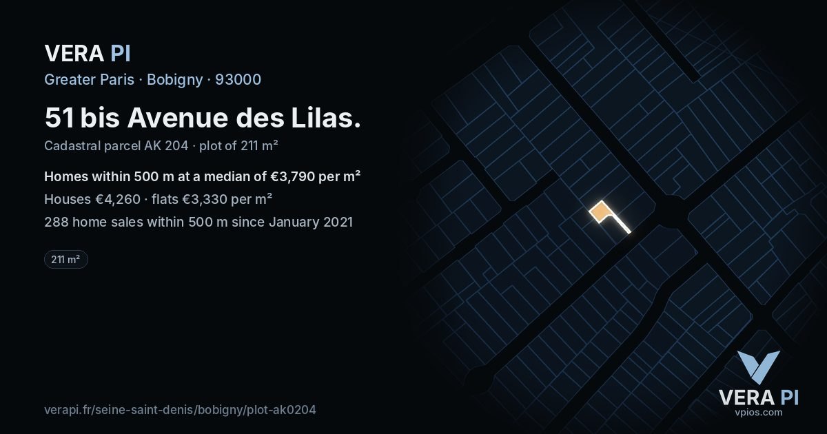51 bis Avenue des Lilas, Bobigny at night – the plot lit, the parcels around coloured by the prices near them
