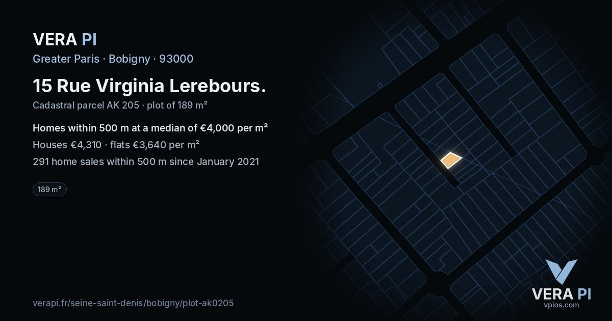15 Rue Virginia Lerebours, Bobigny at night – the plot lit, the parcels around coloured by the prices near them