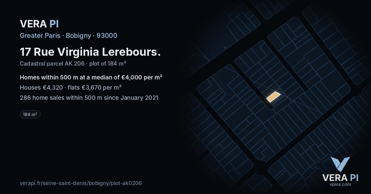 17 Rue Virginia Lerebours, Bobigny at night – the plot lit, the parcels around coloured by the prices near them