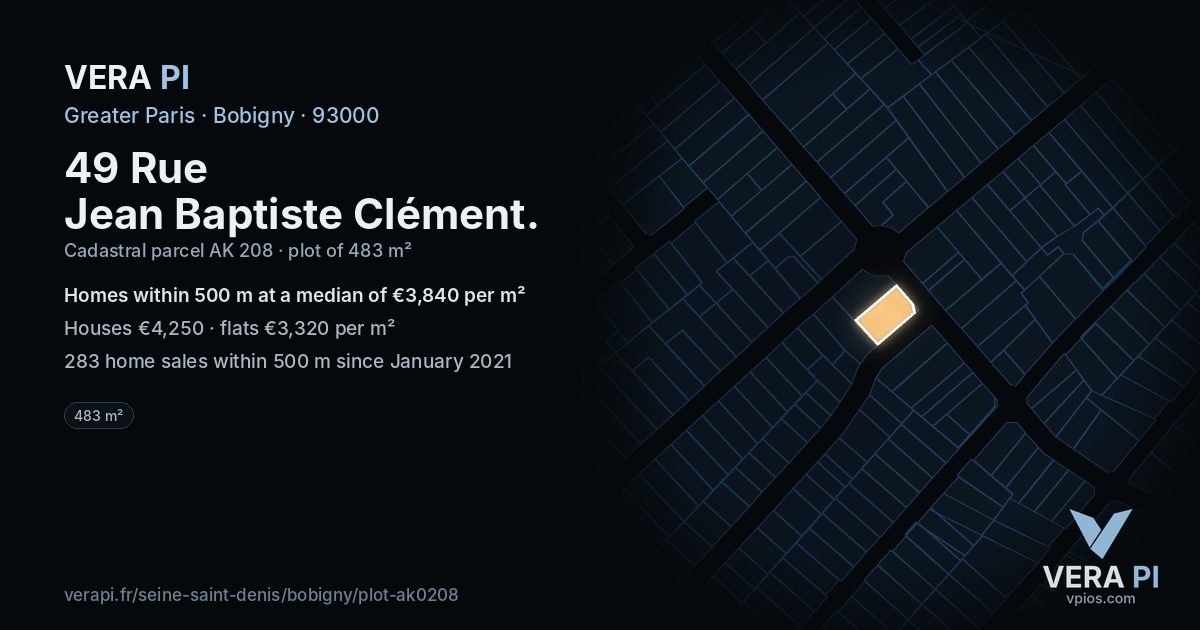 49 Rue Jean Baptiste Clément, Bobigny at night – the plot lit, the parcels around coloured by the prices near them