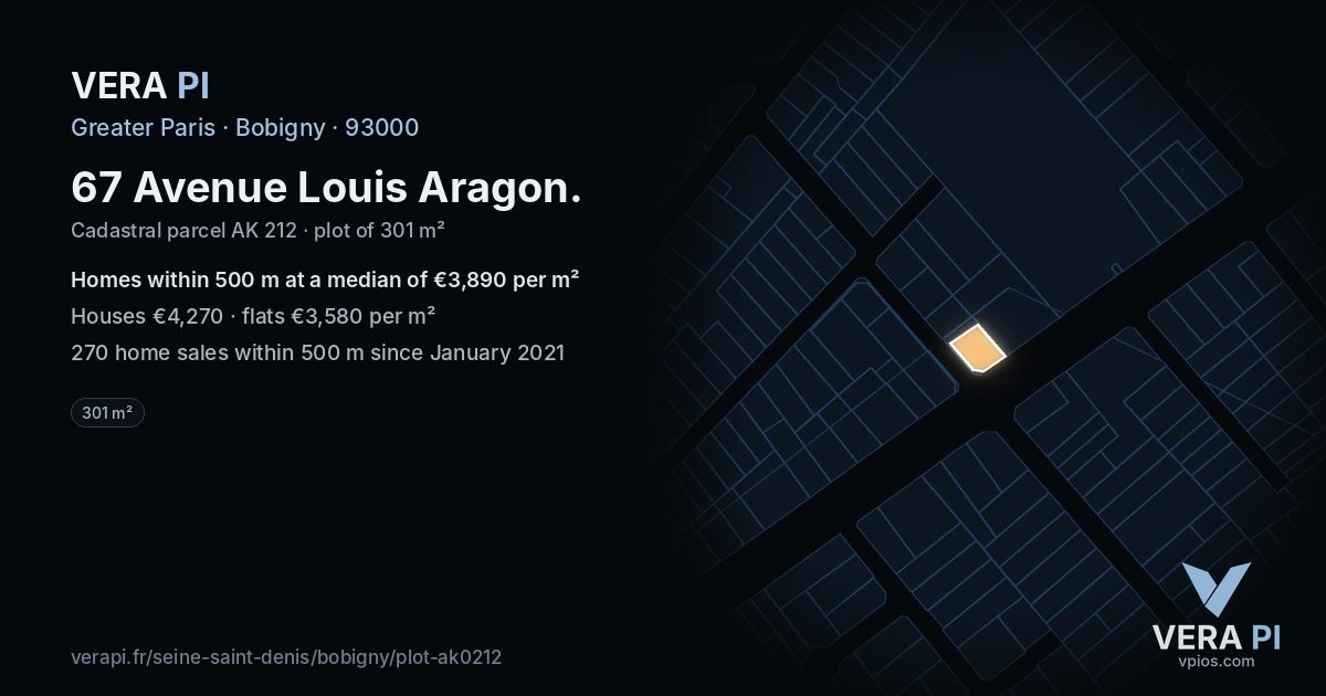 67 Avenue Louis Aragon, Bobigny at night – the plot lit, the parcels around coloured by the prices near them