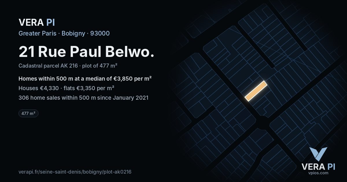 21 Rue Paul Belwo, Bobigny at night – the plot lit, the parcels around coloured by the prices near them