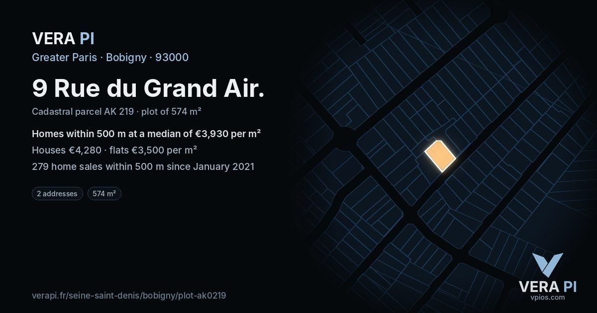 9 Rue du Grand Air, Bobigny at night – the plot lit, the parcels around coloured by the prices near them