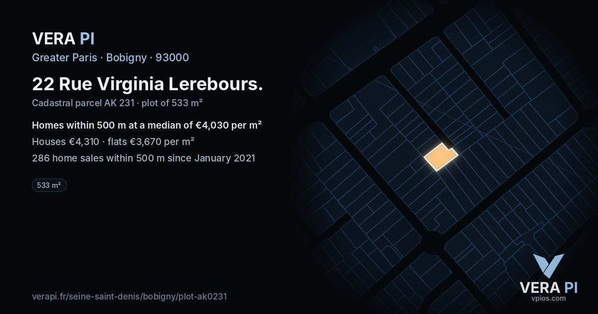 22 Rue Virginia Lerebours, Bobigny at night – the plot lit, the parcels around coloured by the prices near them