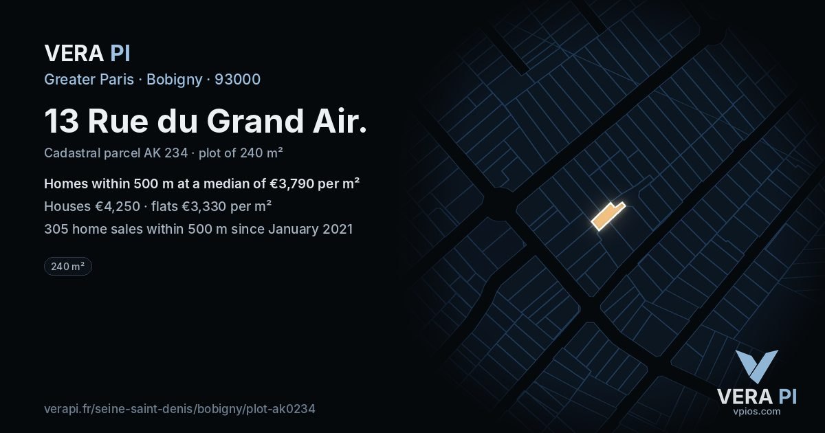 13 Rue du Grand Air, Bobigny at night – the plot lit, the parcels around coloured by the prices near them
