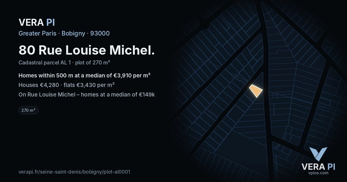80 Rue Louise Michel, Bobigny at night – the plot lit, the parcels around coloured by the prices near them