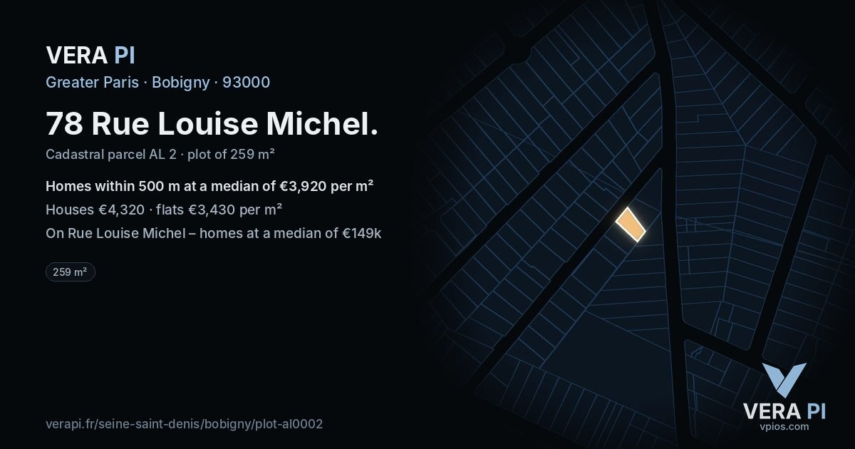 78 Rue Louise Michel, Bobigny at night – the plot lit, the parcels around coloured by the prices near them