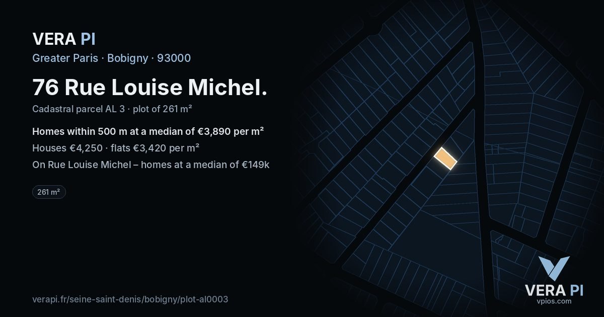 76 Rue Louise Michel, Bobigny at night – the plot lit, the parcels around coloured by the prices near them