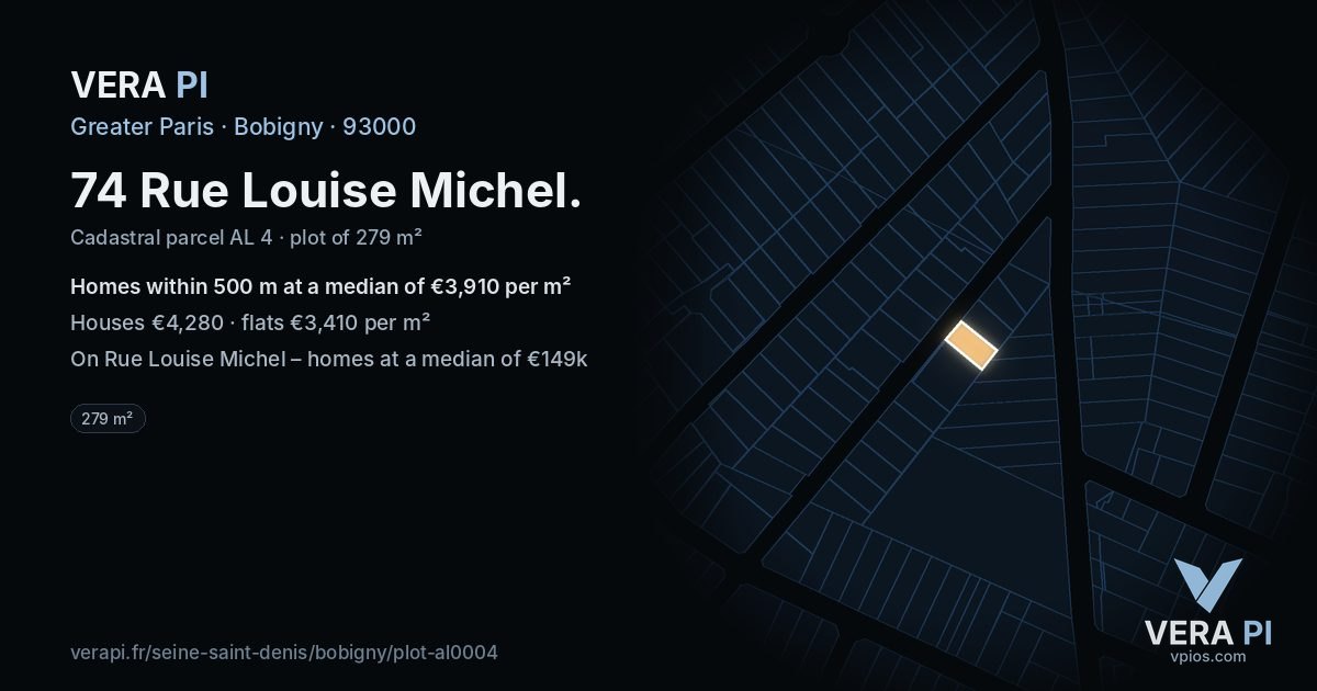 74 Rue Louise Michel, Bobigny at night – the plot lit, the parcels around coloured by the prices near them