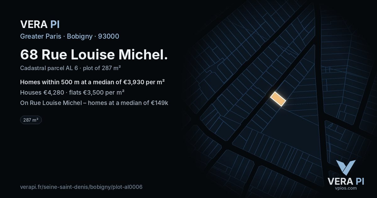 68 Rue Louise Michel, Bobigny at night – the plot lit, the parcels around coloured by the prices near them