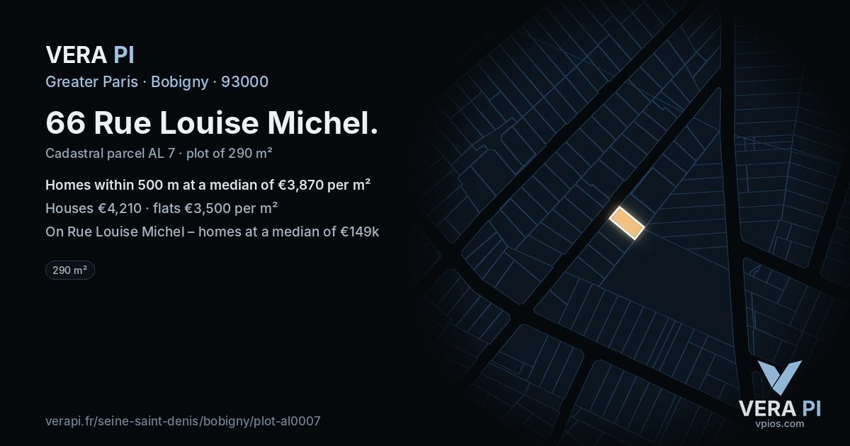 66 Rue Louise Michel, Bobigny at night – the plot lit, the parcels around coloured by the prices near them