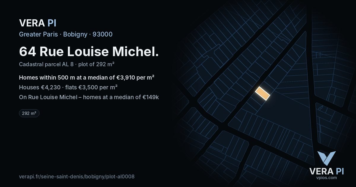 64 Rue Louise Michel, Bobigny at night – the plot lit, the parcels around coloured by the prices near them