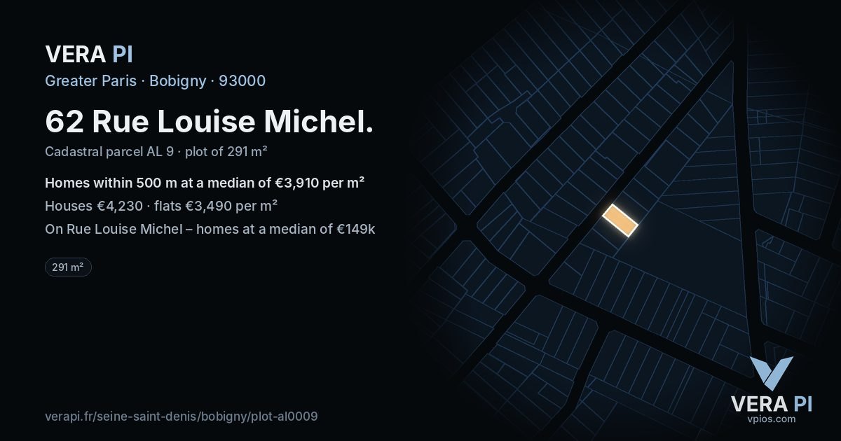 62 Rue Louise Michel, Bobigny at night – the plot lit, the parcels around coloured by the prices near them
