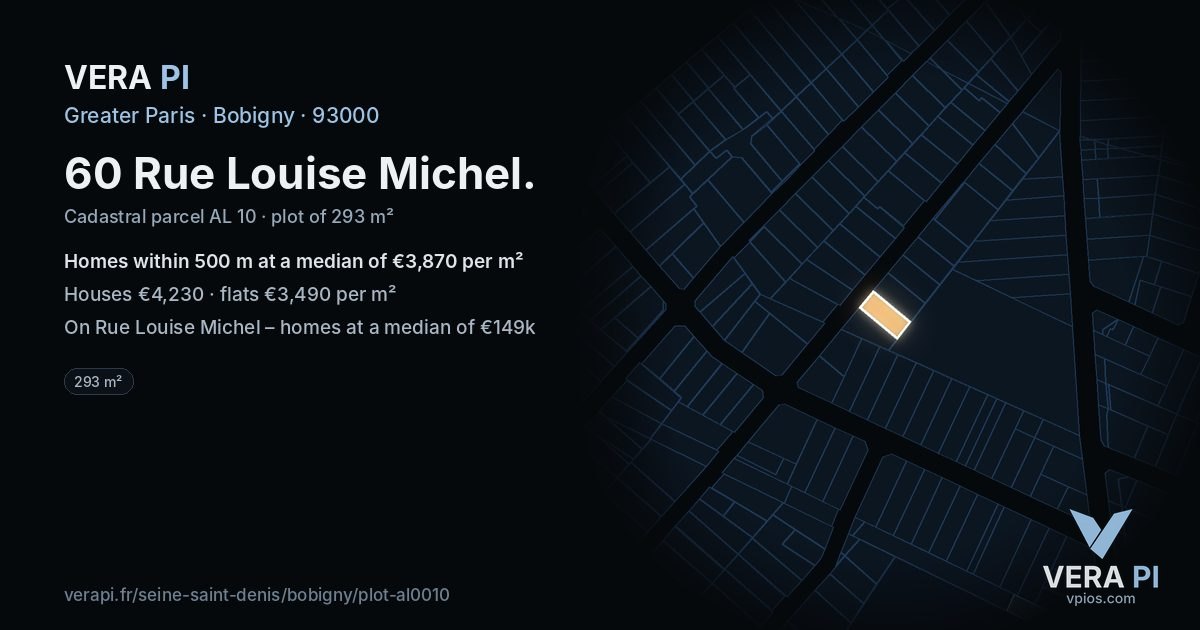60 Rue Louise Michel, Bobigny at night – the plot lit, the parcels around coloured by the prices near them