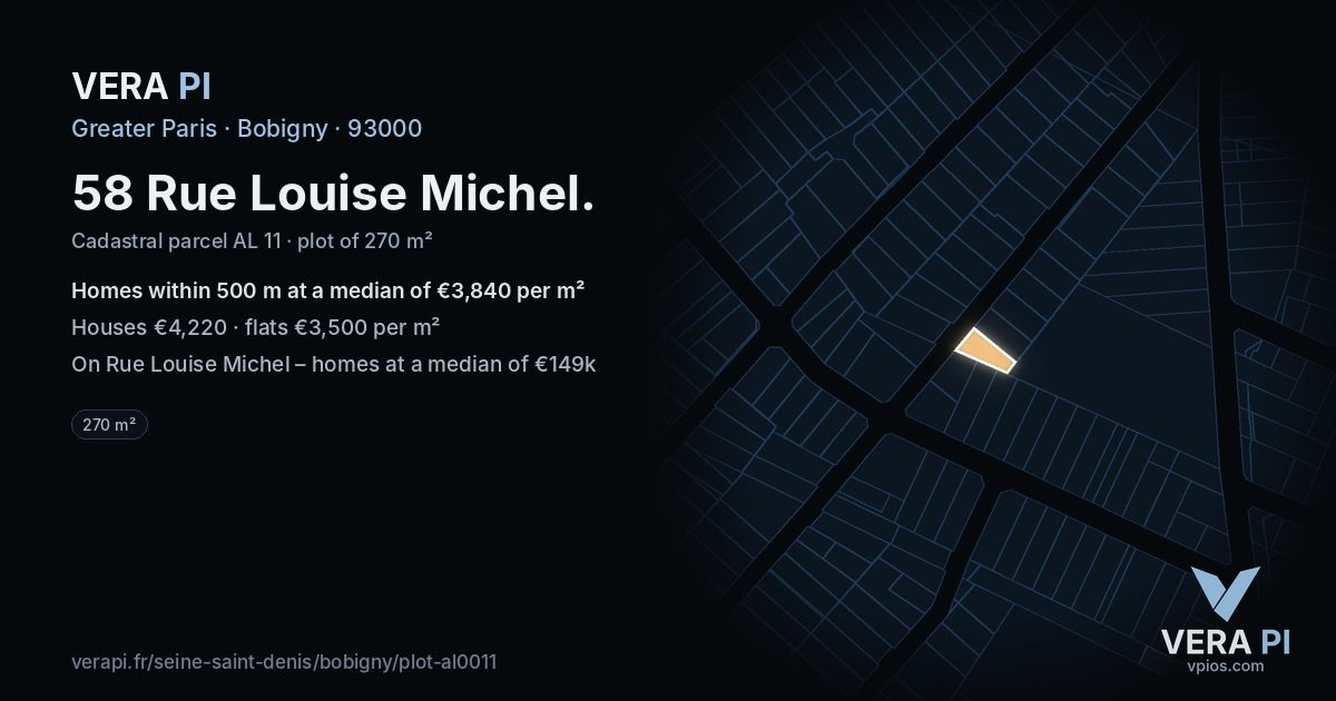 58 Rue Louise Michel, Bobigny at night – the plot lit, the parcels around coloured by the prices near them