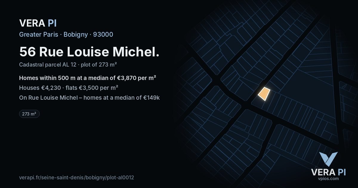 56 Rue Louise Michel, Bobigny at night – the plot lit, the parcels around coloured by the prices near them