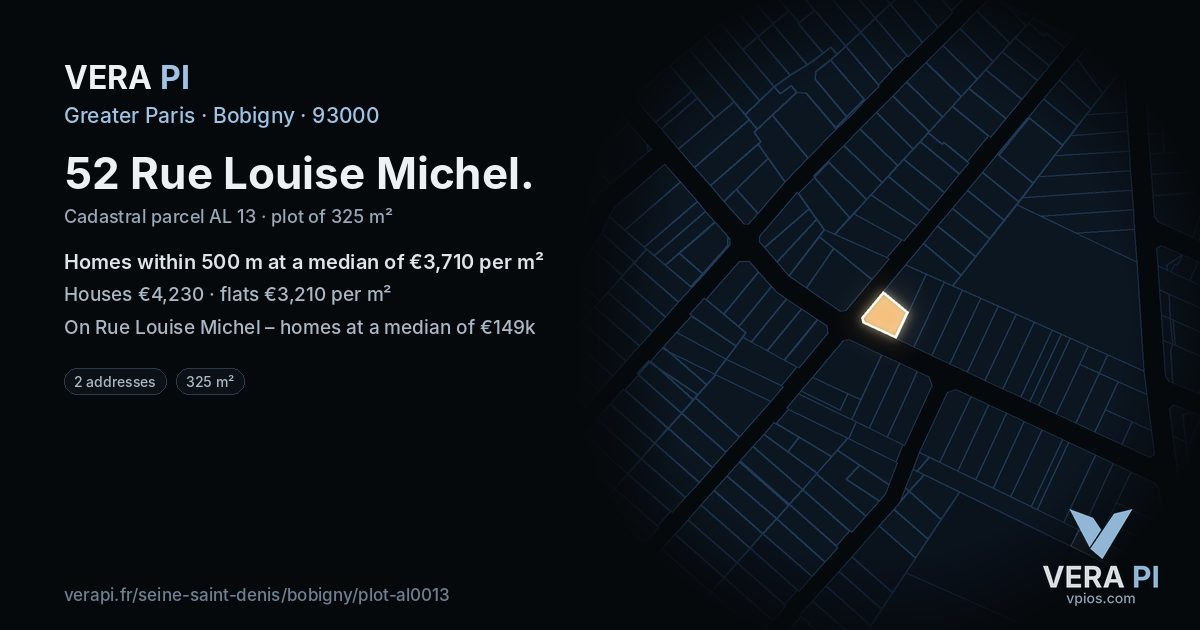 52 Rue Louise Michel, Bobigny at night – the plot lit, the parcels around coloured by the prices near them