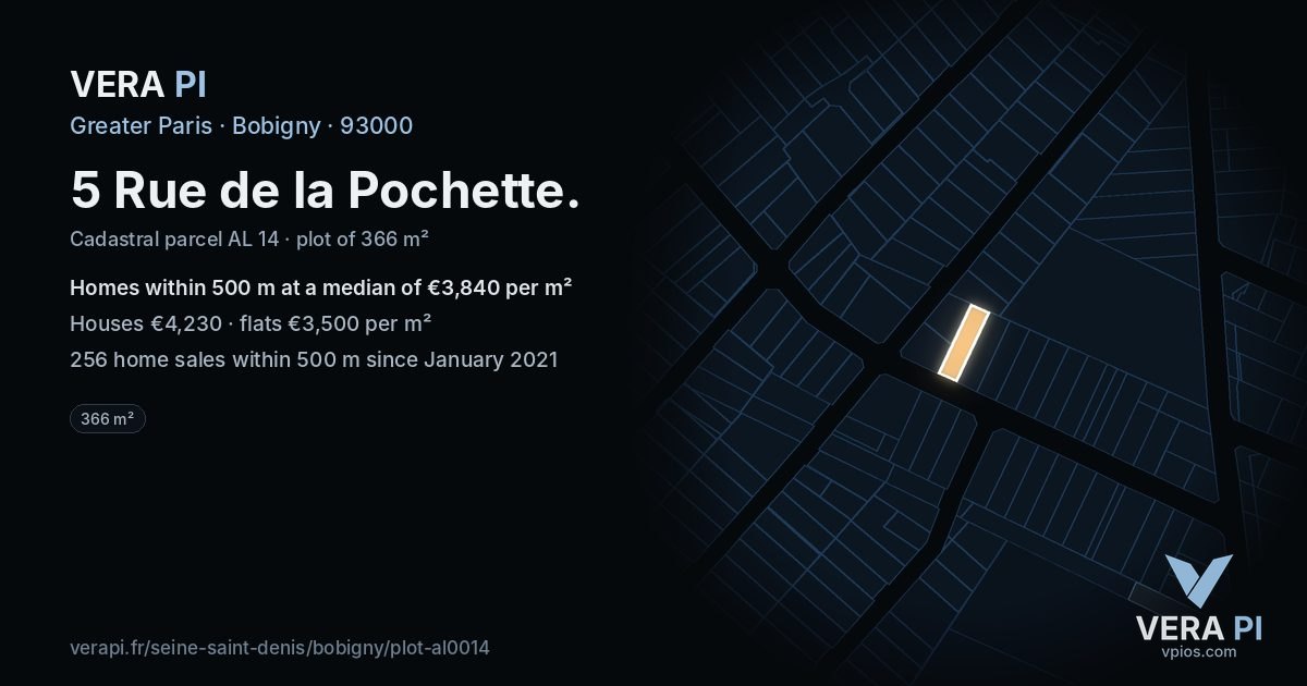 5 Rue de la Pochette, Bobigny at night – the plot lit, the parcels around coloured by the prices near them