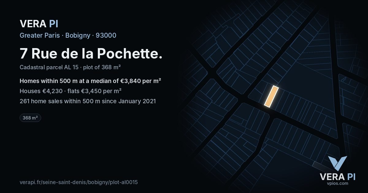 7 Rue de la Pochette, Bobigny at night – the plot lit, the parcels around coloured by the prices near them