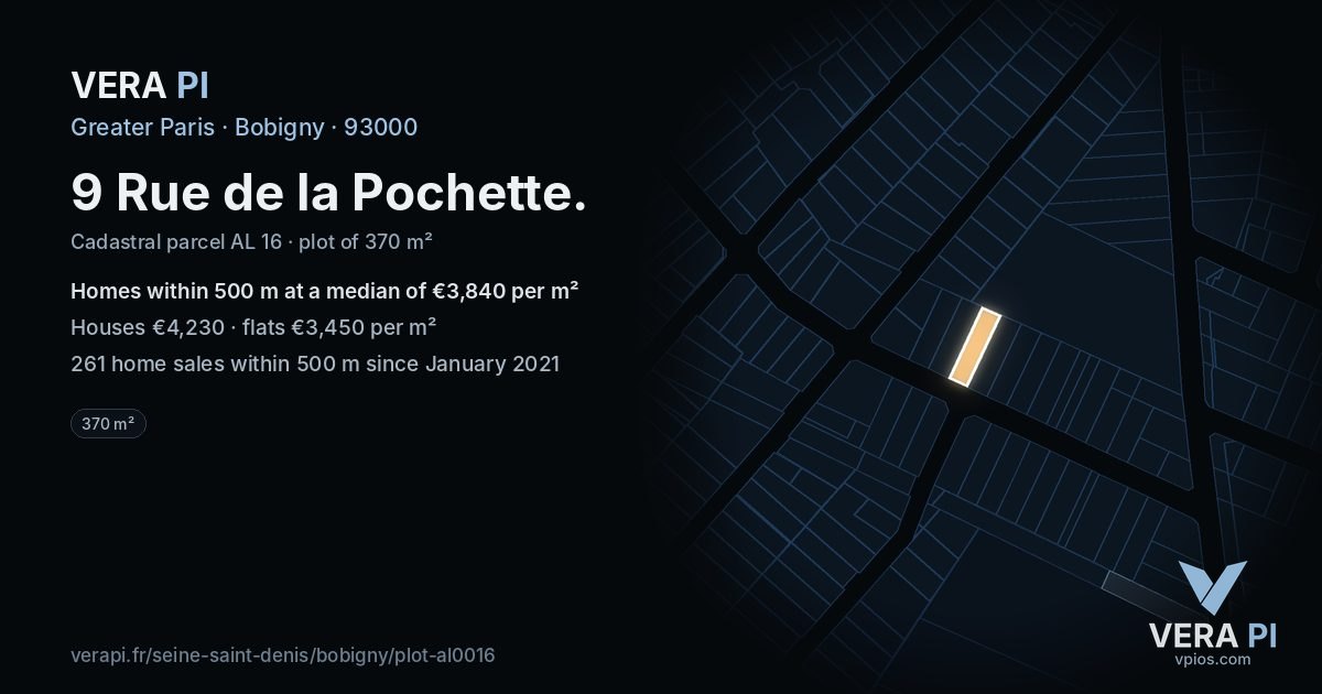 9 Rue de la Pochette, Bobigny at night – the plot lit, the parcels around coloured by the prices near them