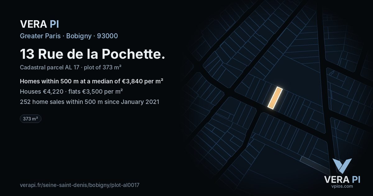 13 Rue de la Pochette, Bobigny at night – the plot lit, the parcels around coloured by the prices near them