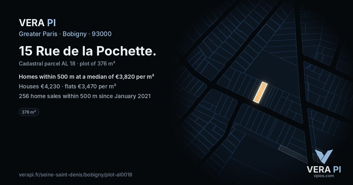 15 Rue de la Pochette, Bobigny at night – the plot lit, the parcels around coloured by the prices near them