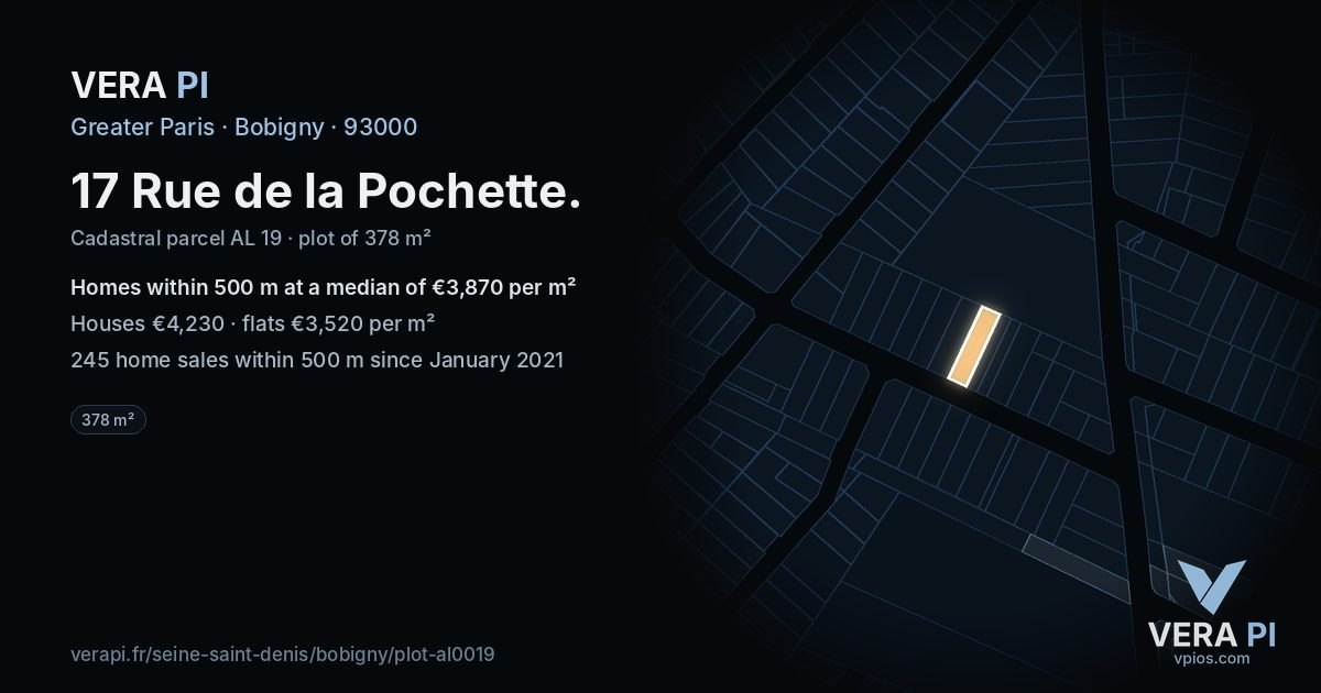 17 Rue de la Pochette, Bobigny at night – the plot lit, the parcels around coloured by the prices near them